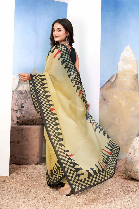 Chic Yellow and Black Georgette Saree with Modern Chessboard Print
