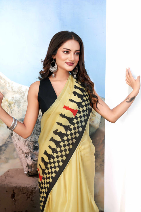 Chic Yellow and Black Georgette Saree with Modern Chessboard Print