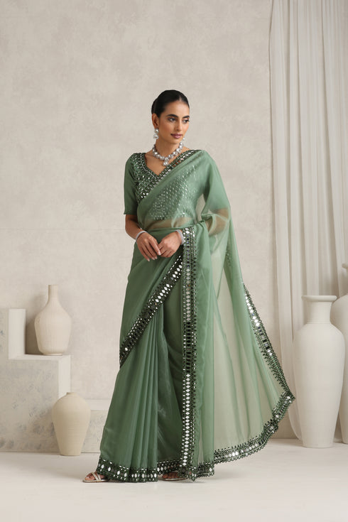 Sage Green Mirror Handwork Saree with Mirrior work Silk Blouse