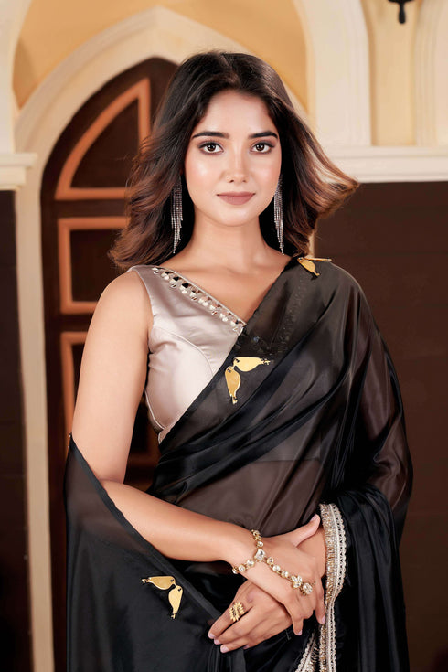 Rose Gold American Crape Blouse with Embellished Neckline