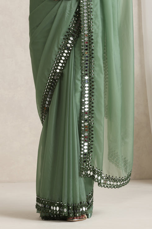 Sage Green Mirror Handwork Saree with Mirrior work Silk Blouse