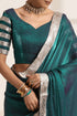 Teal Blue Silk Organza Saree with Silver Lampi Lace Border