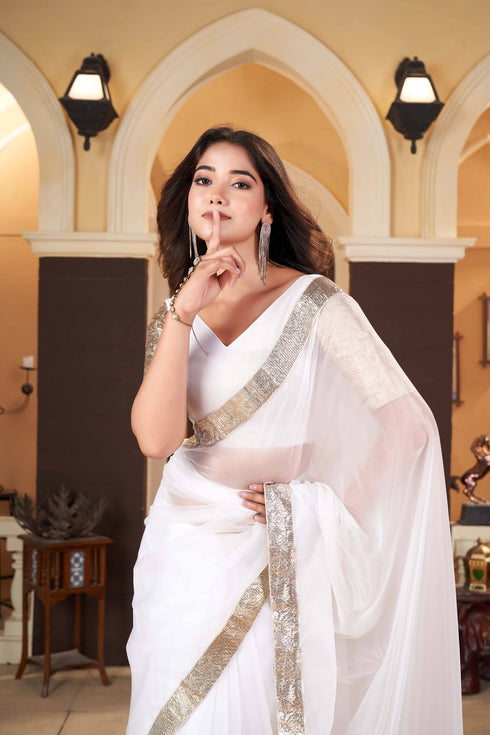 White Saree Wonders with lampi lace