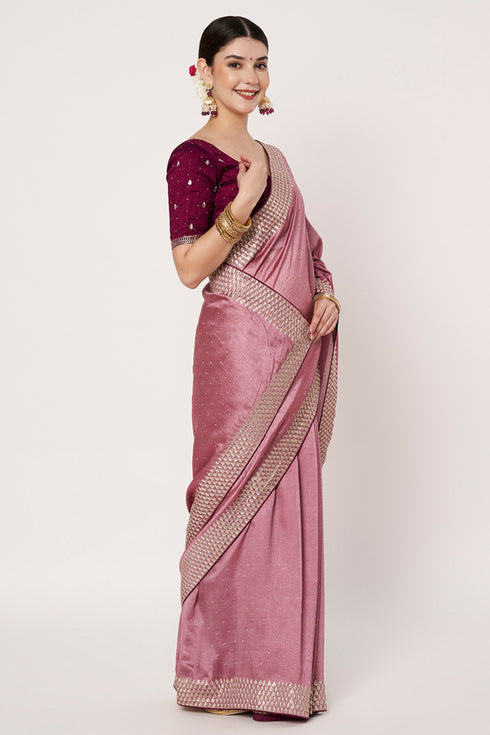 Pink Silk Saree with Heavy Embroidered Border