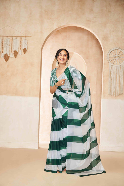Stylish Green and White Geometric Pattern Saree