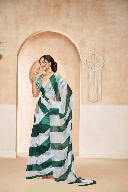 Stylish Green and White Geometric Pattern Saree