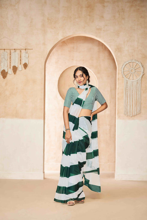 Stylish Green and White Geometric Pattern Saree