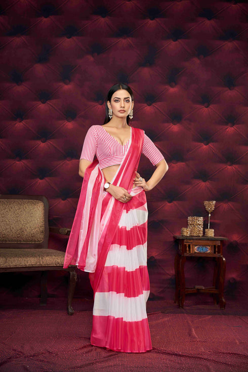 Stylish Pink and White Geometric Pattern Saree