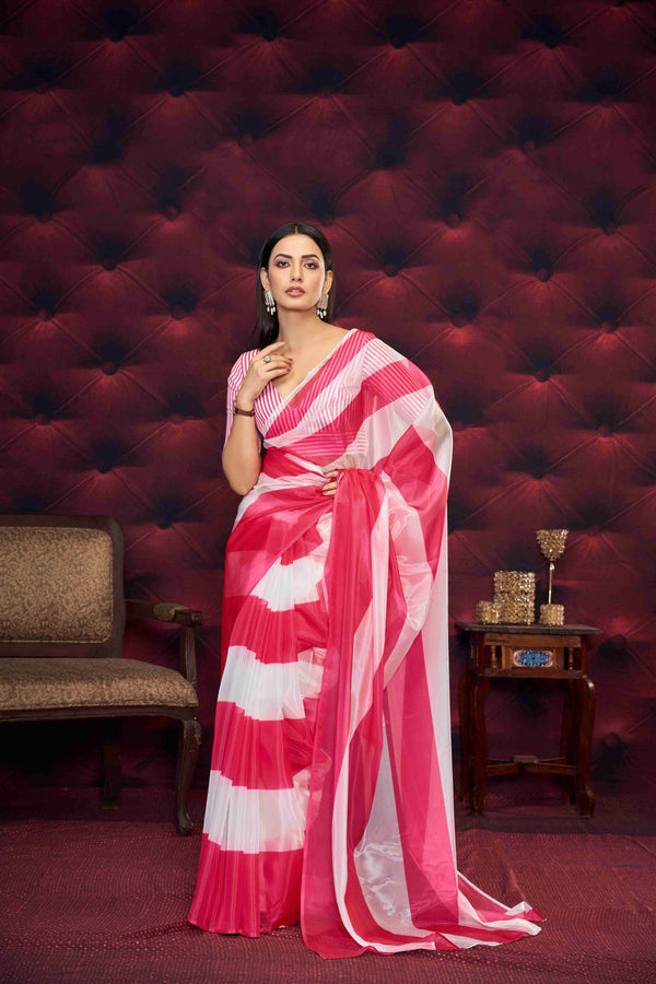 Stylish Pink and White Geometric Pattern Saree