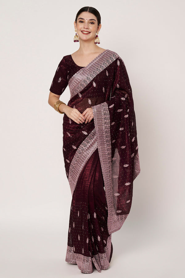 Wine Silk Saree with Siroski Embroidery