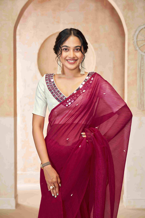 white Blouse With Red Mirror Work