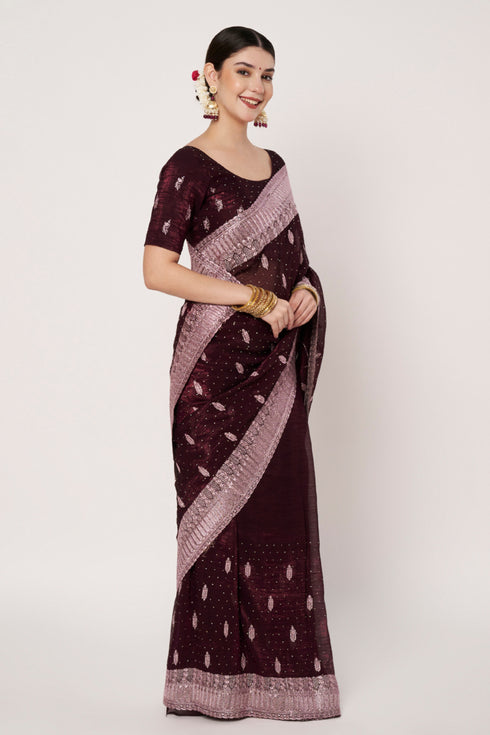 Wine Silk Saree with Siroski Embroidery