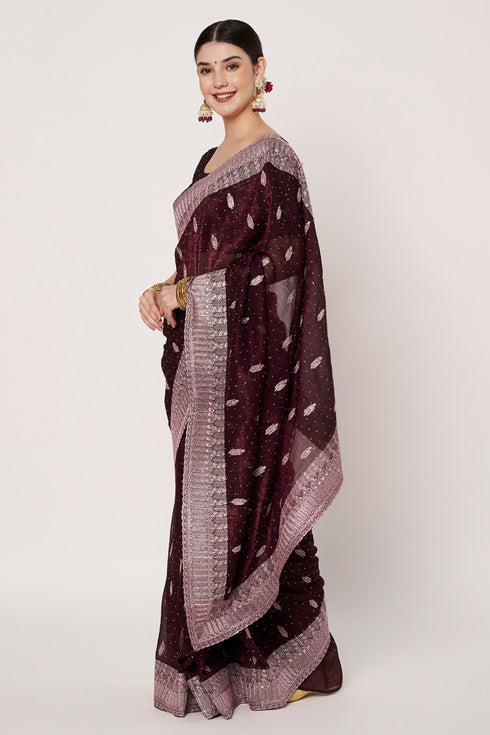 Wine Silk Saree with Siroski Embroidery
