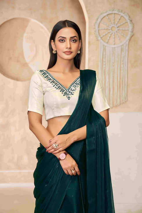 white mirror work with Dark Green Blouse