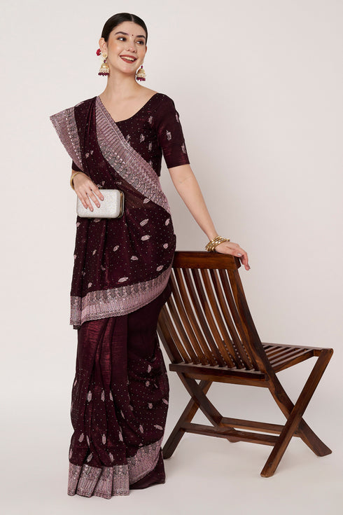 Wine Silk Saree with Siroski Embroidery