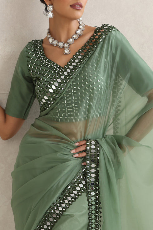 Sage Green Mirror Handwork Saree with Mirrior work Silk Blouse