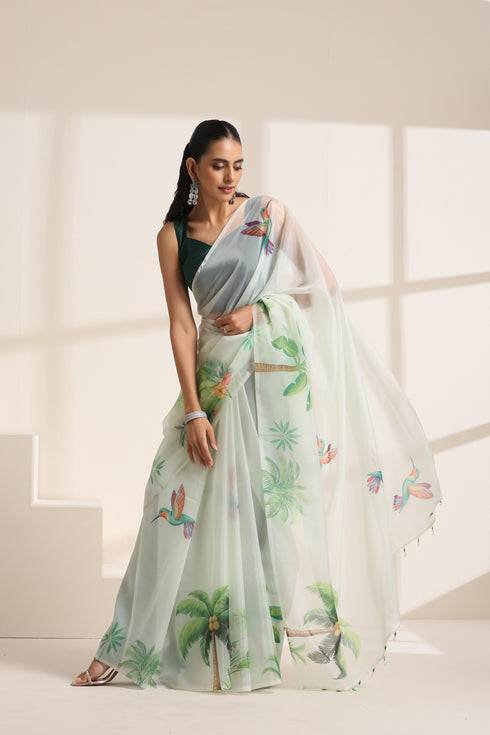 Light Green Organza Printed Saree with Tropical Bird Design