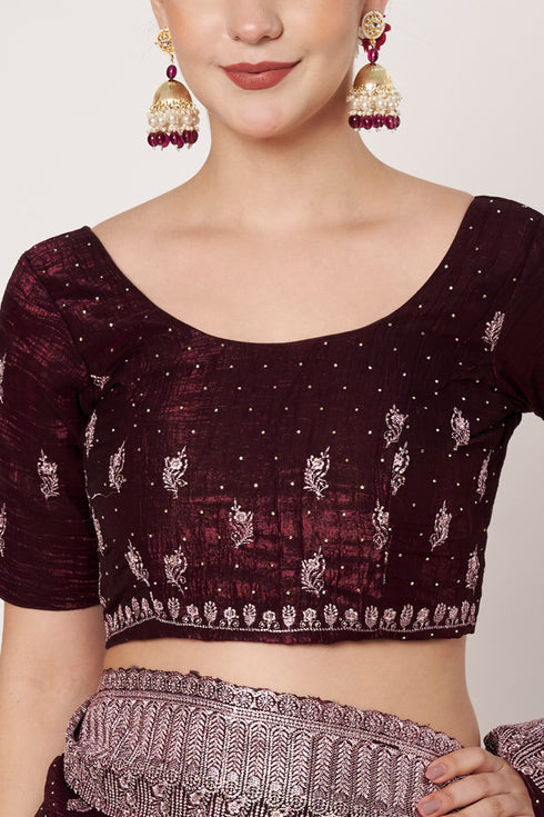 Wine Silk Saree with Siroski Embroidery