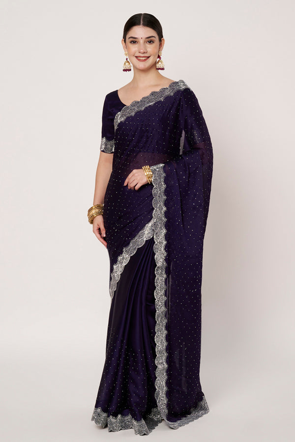Navy Blue Satin Chiffon Saree with Siroski Work