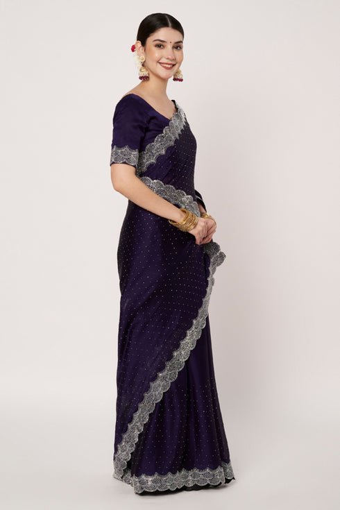 Navy Blue Satin Chiffon Saree with Siroski Work