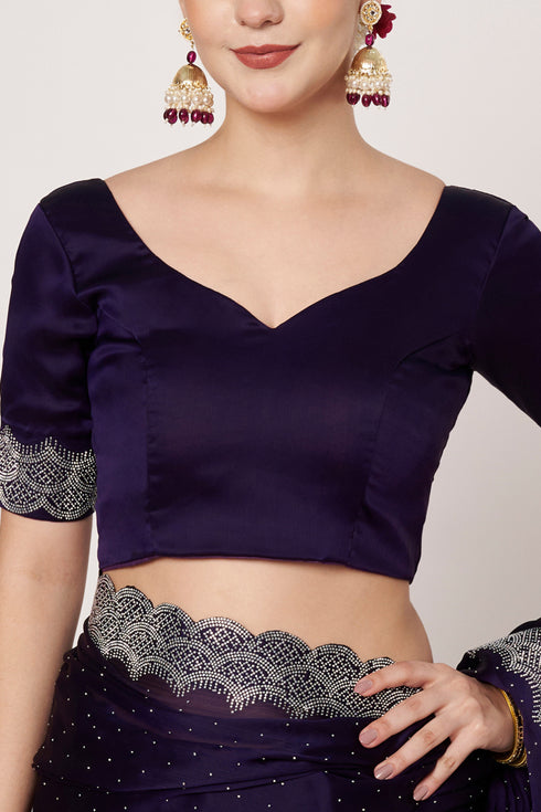 Navy Blue Satin Chiffon Saree with Siroski Work