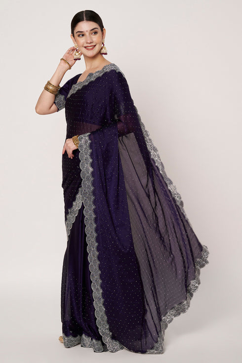 Navy Blue Satin Chiffon Saree with Siroski Work