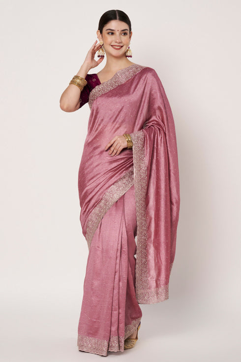 Dusty Pink Vichitra Silk Saree with Siroski Embroidery
