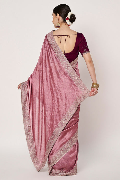 Dusty Pink Vichitra Silk Saree with Siroski Embroidery