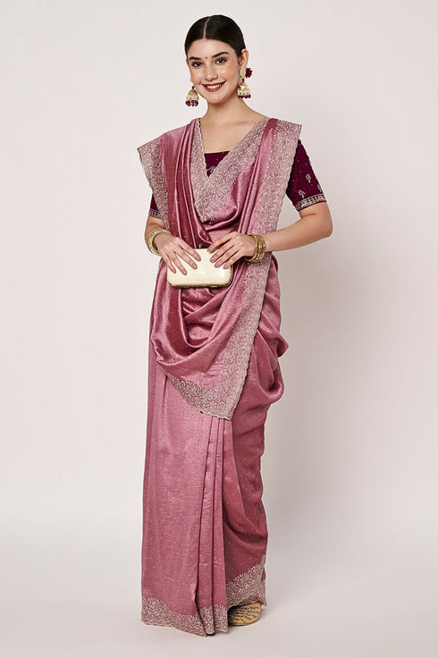 Dusty Pink Vichitra Silk Saree with Siroski Embroidery