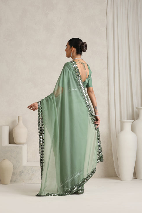 Sage Green Mirror Handwork Saree with Mirrior work Silk Blouse