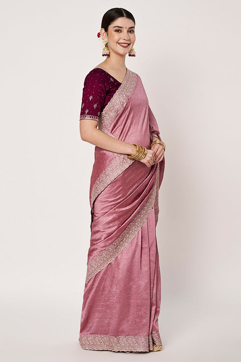 Dusty Pink Vichitra Silk Saree with Siroski Embroidery