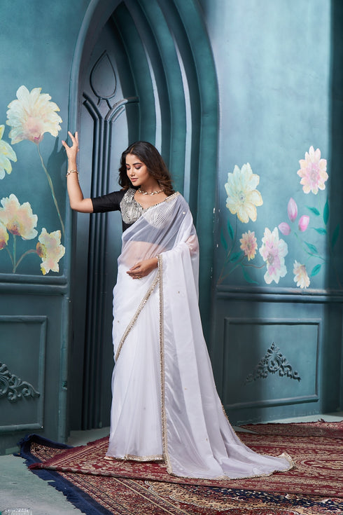 Timeless White Saree with Graceful Golden Lace Border