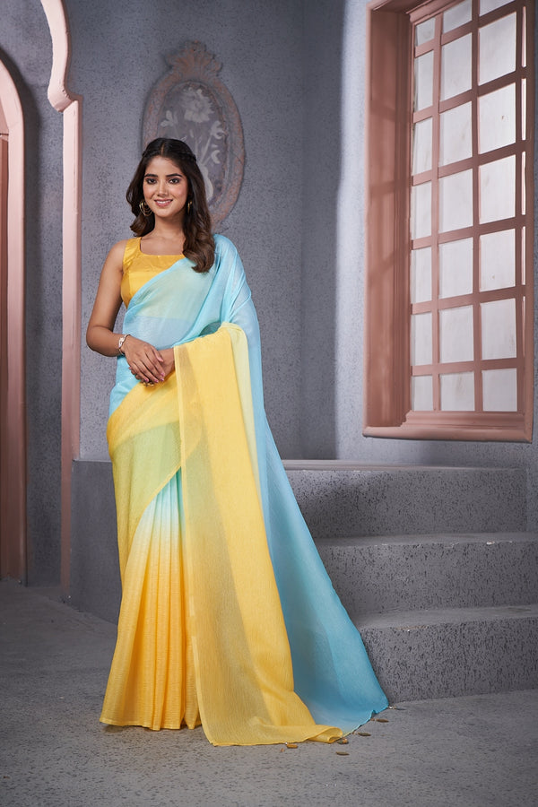 Trendy Yellow and Blue Shade Saree with Acrylic Tassel Accents