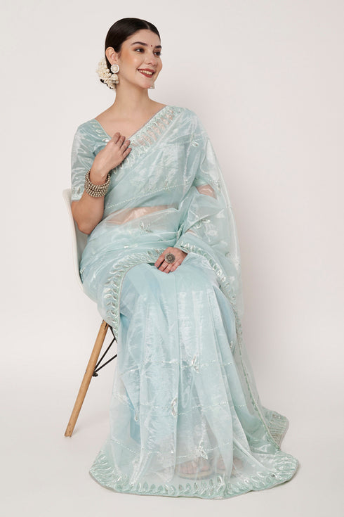 Sky Blue Net Saree with Sequin Embroidery