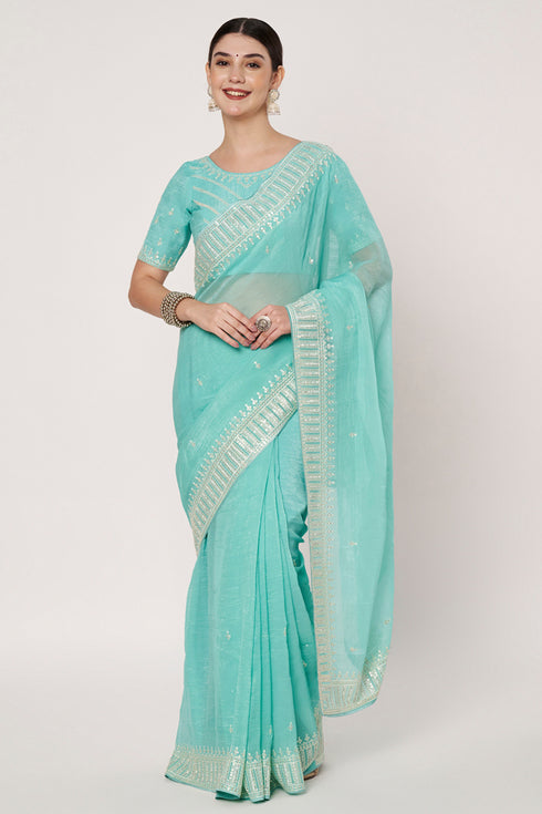 Sea Blue Georgette Saree with Sequin Embroidery