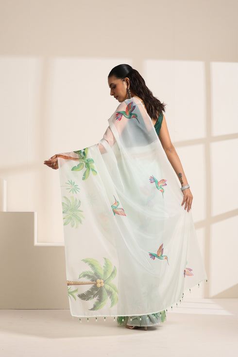 Light Green Organza Printed Saree with Tropical Bird Design