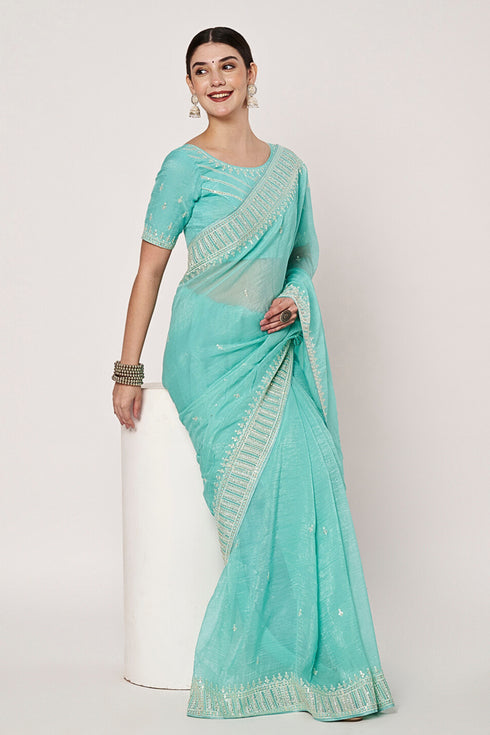 Sea Blue Georgette Saree with Sequin Embroidery