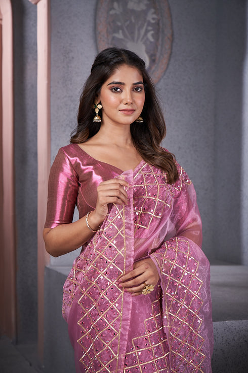 Elegant Crystal Fabric Saree with Intricate Mirror Work