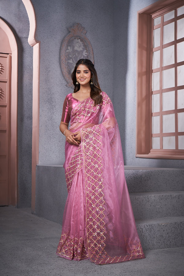 Elegant Crystal Fabric Saree with Intricate Mirror Work