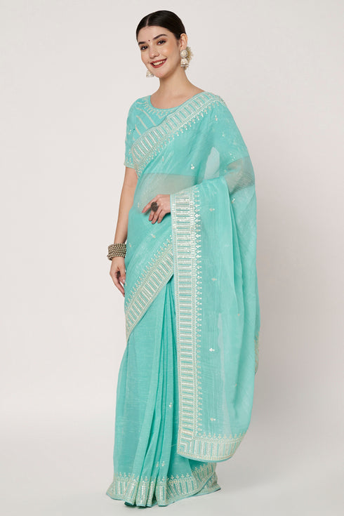 Sea Blue Georgette Saree with Sequin Embroidery