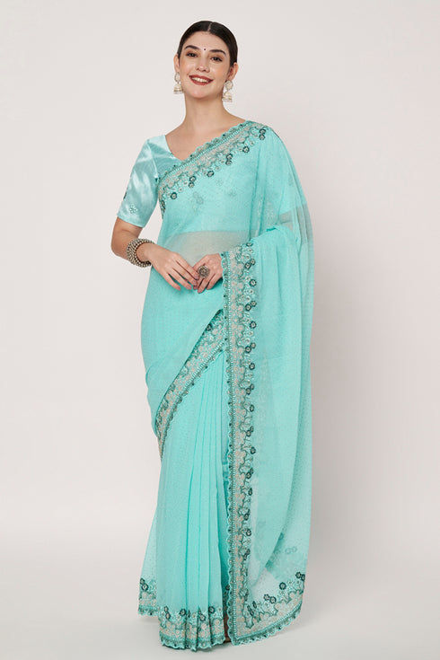 Gold Crush Sea Blue Designer Saree