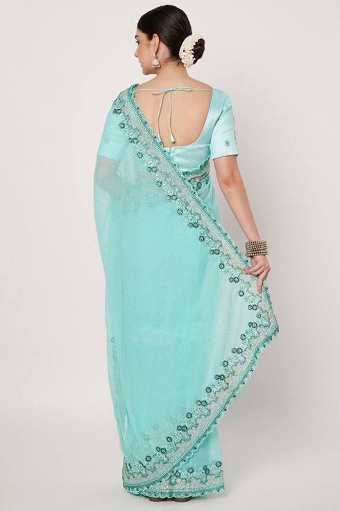 Gold Crush Sea Blue Designer Saree