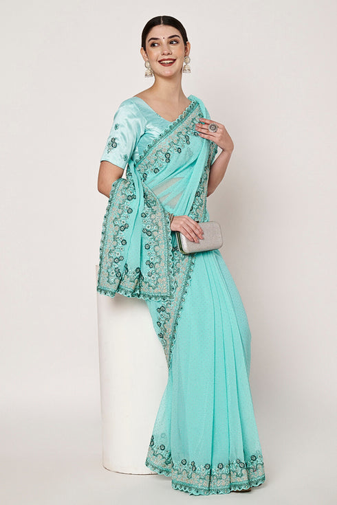 Gold Crush Sea Blue Designer Saree