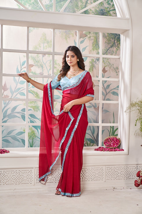 pink having detail of blue mirror work