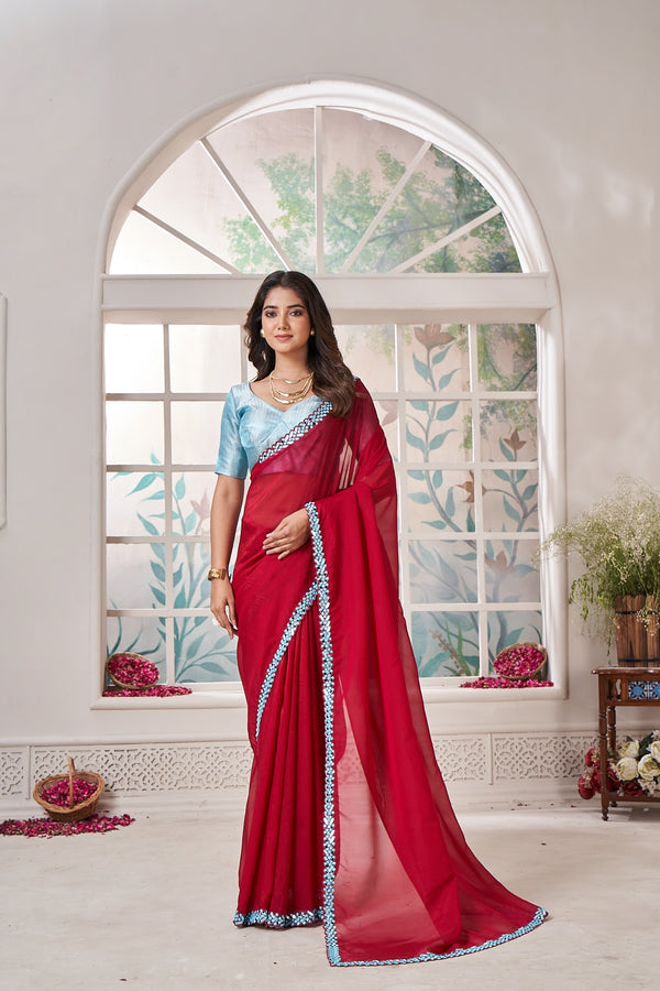 pink having detail of blue mirror work