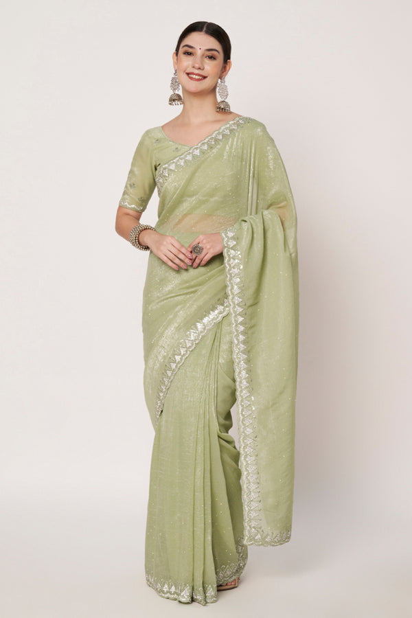 Embroidery Jarkan & Swarovski Gold Crush Sea Green Saree