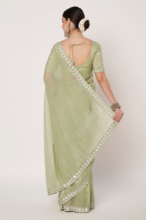 Embroidery Jarkan & Swarovski Gold Crush Sea Green Saree