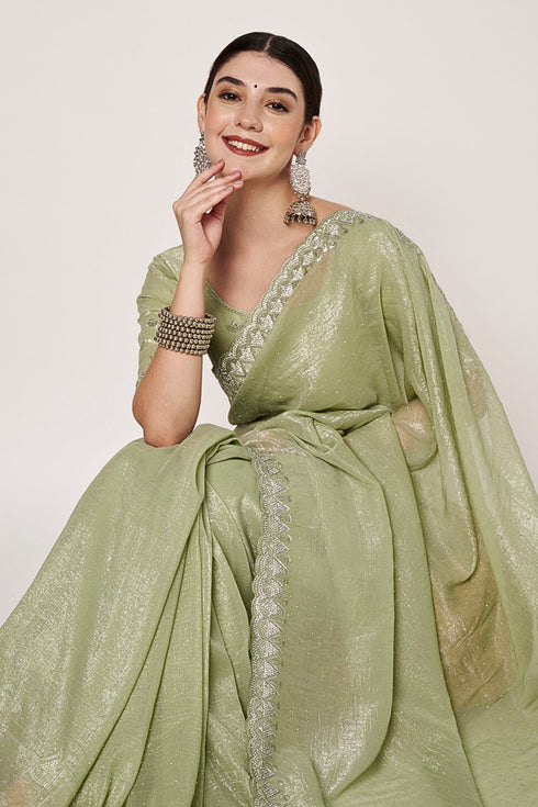 Embroidery Jarkan & Swarovski Gold Crush Sea Green Saree