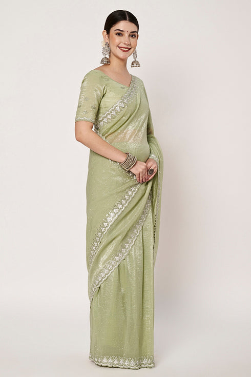 Embroidery Jarkan & Swarovski Gold Crush Sea Green Saree
