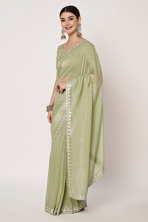 Embroidery Jarkan & Swarovski Gold Crush Sea Green Saree
